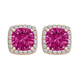 14k Rose Gold Plated 1/2 Carat Square Created Halo Sapphire Stud Earrings