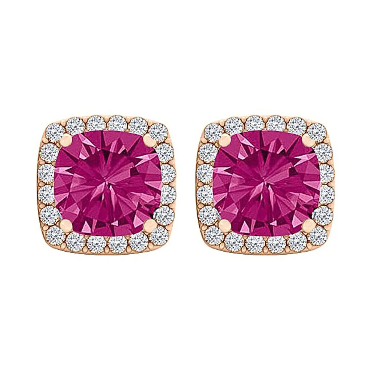14k Rose Gold Plated 2 Carat Square Created Halo Sapphire Stud Earrings