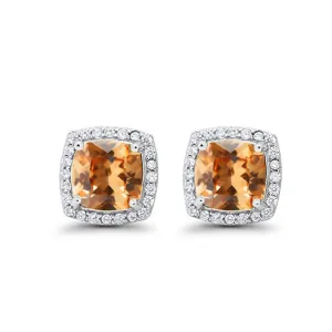 14k White Gold Plated 1/2 Ct Created Halo Princess Cut Citrine Stud Earrings