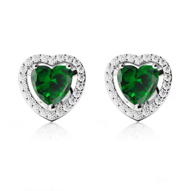 14k White Gold Plated 2 Ct Created Halo Heart Emerald Stud Earrings