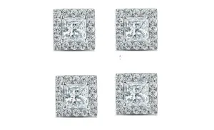 14k White Gold Plated 4Ct Princess Cut White Sapphire Set of Two Halo Stud Earrings