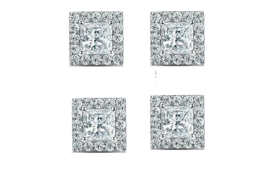 14k White Gold Plated 4Ct Princess Cut White Sapphire Set of Two Halo Stud Earrings