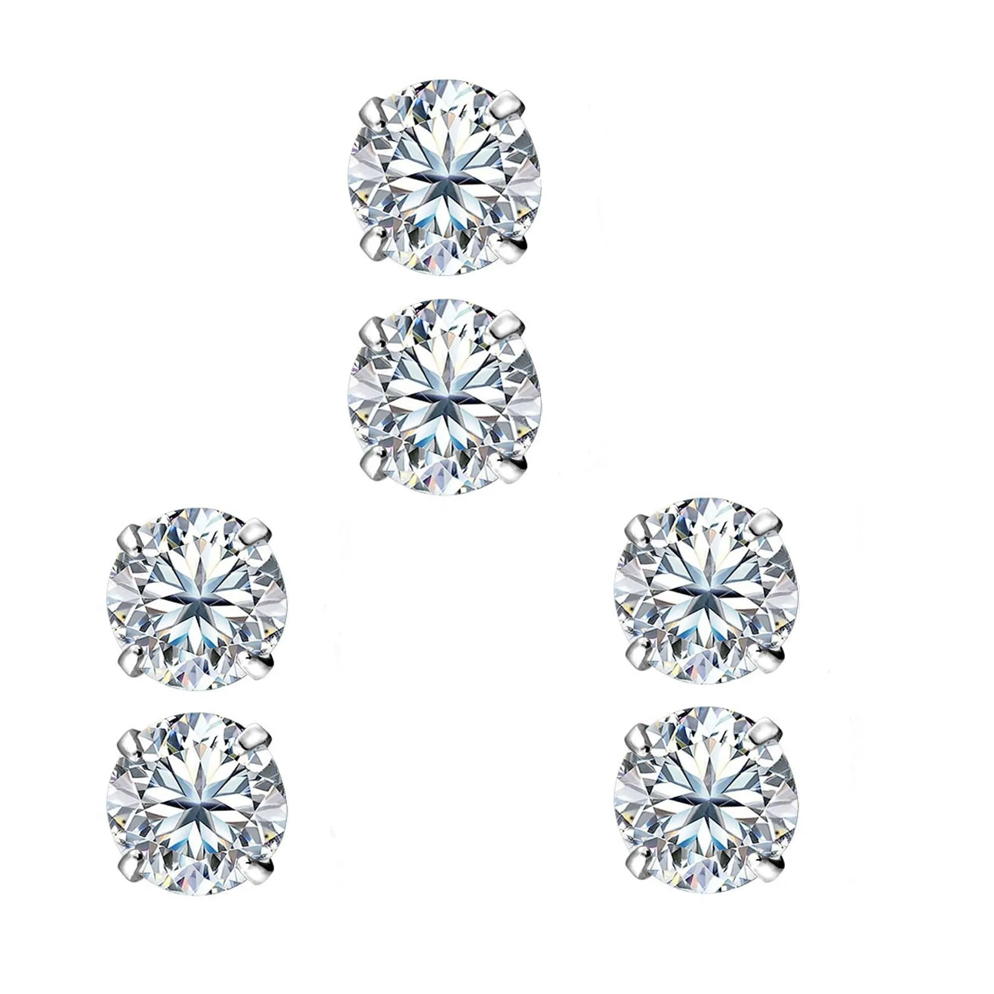 14k White Gold Plated 4mm 1/2Ct Round White Sapphire Set Of Three Stud Earrings