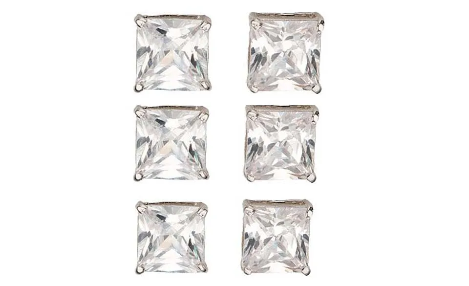 18k White Gold Plated 1/2Ct Square Cut White Sapphire Set Of Three Stud Earrings