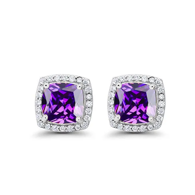 18k White Gold Plated 3 Ct Created Halo Princess Cut Amethyst Stud Earrings