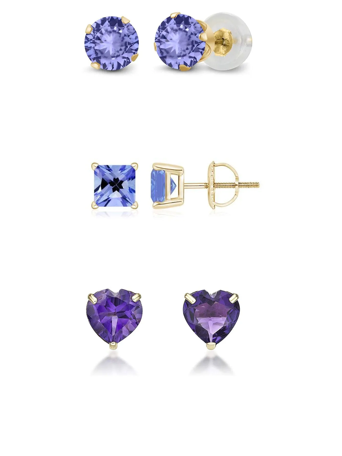 18k Yellow Gold Plated 1Cttw 7mm Created Tanzanite 3 Pair Round, Square and Heart Stud Earrings