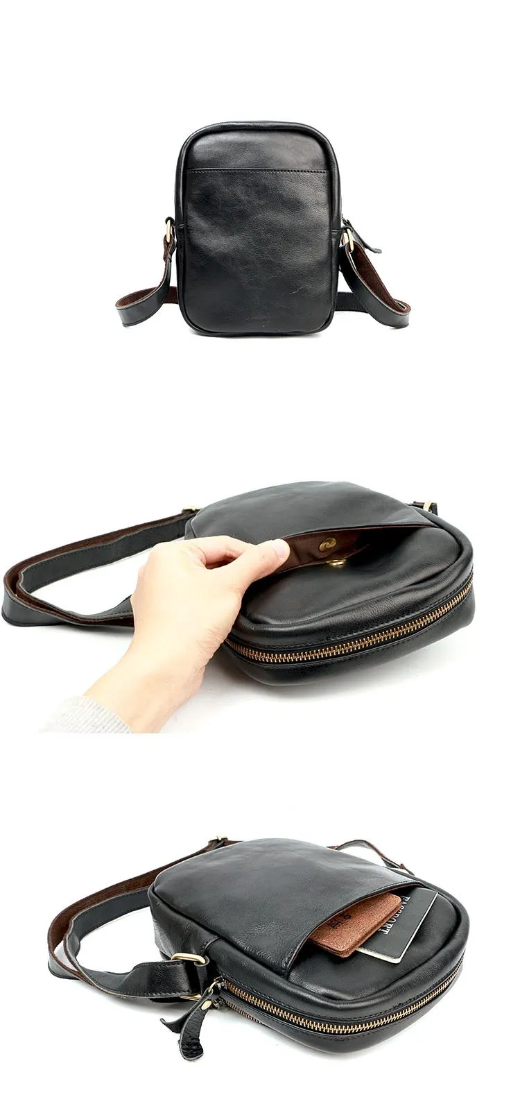 Casual Small Leather Mens Black Side Bags Small Vertical Postman Bag Messenger Bags For Men
