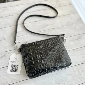 Crossbody Clutch in Black Crocodile Embossed Leather