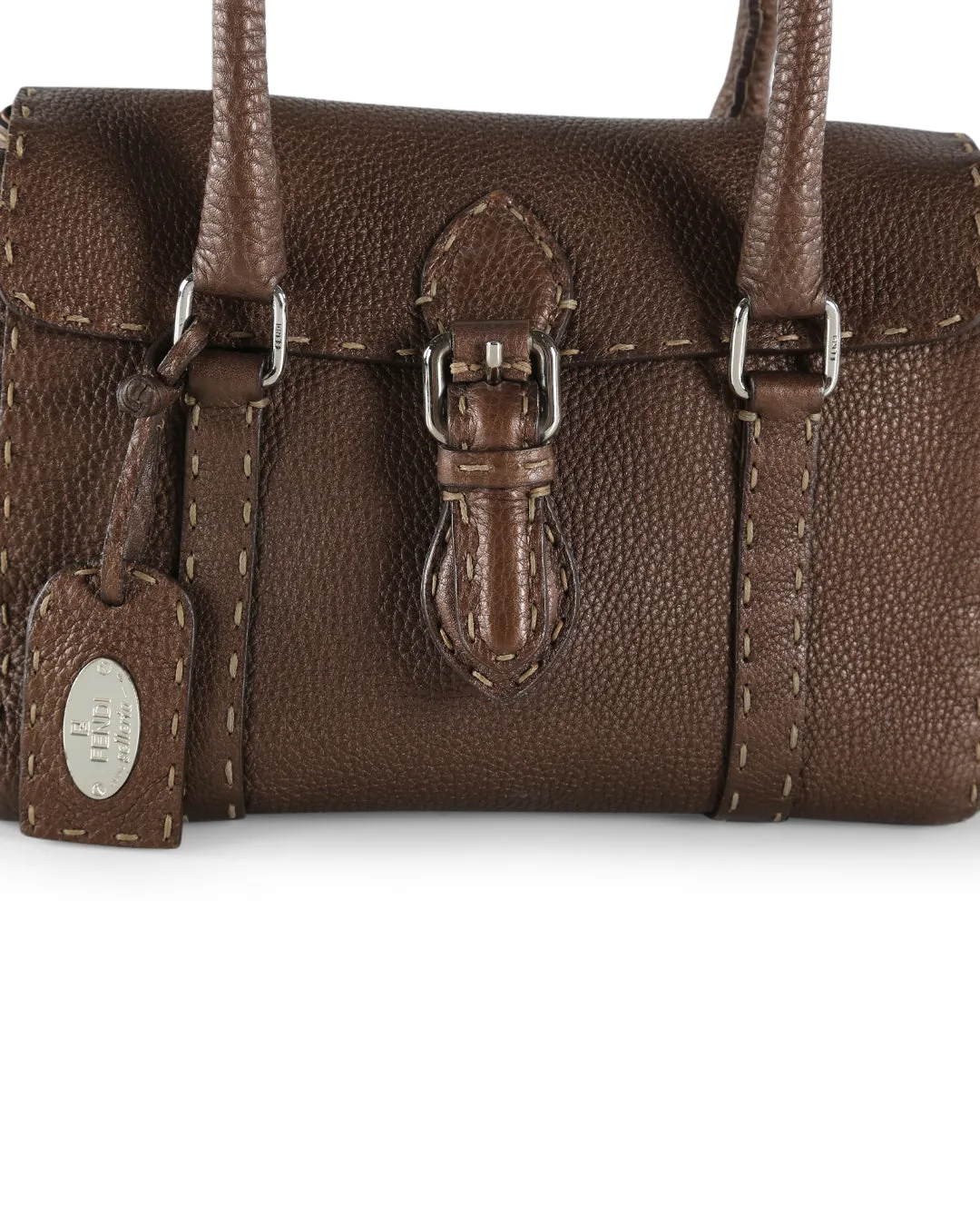 FENDI Brown Grained Leather Small Selleria Satchel Handle Bag
