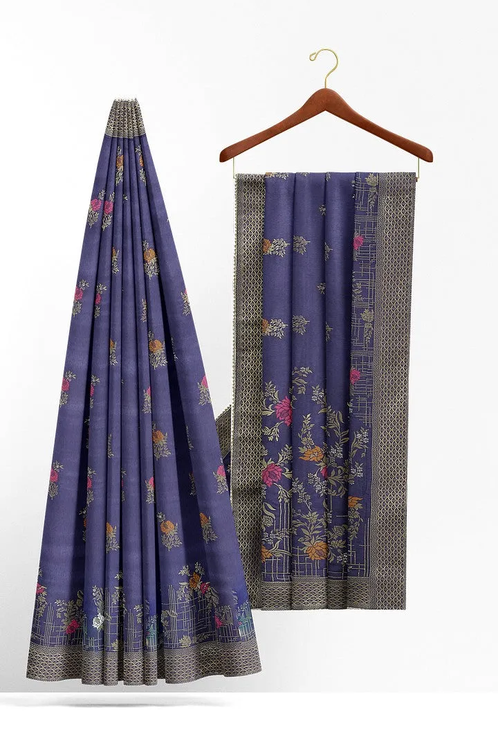 Indigo Blue Banarasi Silk Saree with Multicolor Meena Work