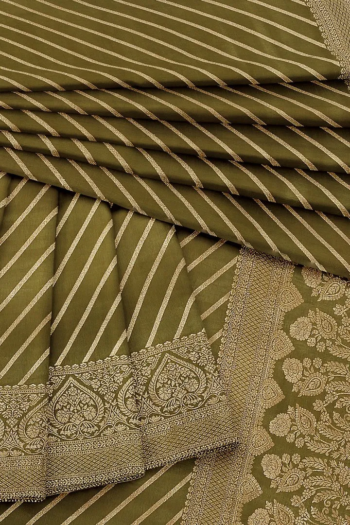 Olive Green Banarasi Silk Saree with Lehariya Weave
