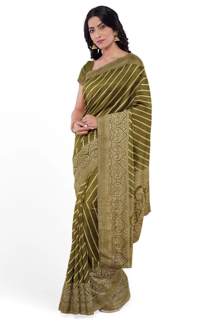 Olive Green Banarasi Silk Saree with Lehariya Weave