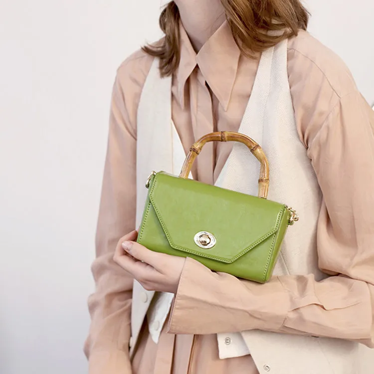 Small Women's Chain Strap Leather Crossbody Satchel With Bamboo Handle Handbags For Women